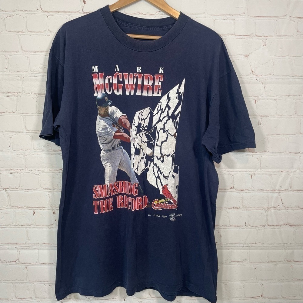 Vintage Mark McGuire T Shirt Mens XL Blue Smashing The Record 1998 MLB Cardinals